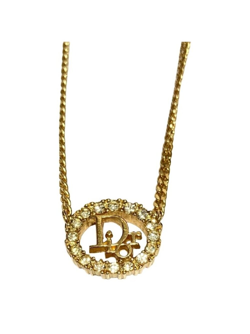 Dior Vintage Logo Rhinestone Necklace Gold Colored